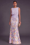 Lilac Mermaid Floral Boat Neck Long Formal Dress