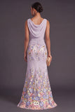 Lilac Mermaid Floral Boat Neck Long Formal Dress