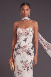 Neck Scarf Ivory Floral Mermaid Long Wedding Guest Dress