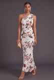 Ivory Mermaid Floral One Shoulder Long Wedding Guest Dress with Neck Scarf