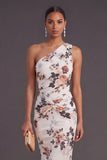 Ivory Mermaid Floral One Shoulder Long Wedding Guest Dress with Neck Scarf
