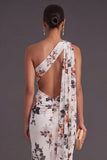 Ivory Mermaid Floral One Shoulder Long Wedding Guest Dress with Neck Scarf