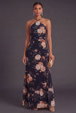 Black A Line Floral Halter Neck Long Wedding Guest Dress
