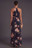 Black A Line Floral Halter Neck Long Wedding Guest Dress
