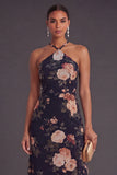 Black A Line Floral Halter Neck Long Wedding Guest Dress