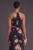 Black A Line Floral Halter Neck Long Wedding Guest Dress