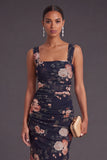 Black Floral Mermaid Thick Straps Long Wedding Guest Dress