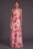Halter Neck Floral Pink A Line Long Wedding Guest Dress