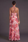 Halter Neck Floral Pink A Line Long Wedding Guest Dress