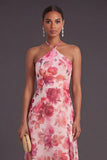Halter Neck Floral Pink A Line Long Wedding Guest Dress