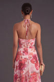 Halter Neck Floral Pink A Line Long Wedding Guest Dress