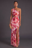 Pink Cut Out Floral One Shoulder Long Wedding Guest Dress with Slit