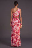 Pink Cut Out Floral One Shoulder Long Wedding Guest Dress with Slit