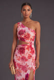 Pink Cut Out Floral One Shoulder Long Wedding Guest Dress with Slit