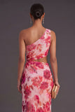 Pink Cut Out Floral One Shoulder Long Wedding Guest Dress with Slit