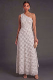 One Shoulder A Line White Black Dots Long Wedding Guest Dress