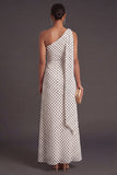 One Shoulder A Line White Black Dots Long Wedding Guest Dress