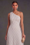 One Shoulder A Line White Black Dots Long Wedding Guest Dress