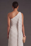 One Shoulder A Line White Black Dots Long Wedding Guest Dress