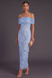 Floral Blue Sheath Off the Shoulder Long Wedding Guest Dress