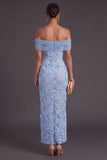 Floral Blue Sheath Off the Shoulder Long Wedding Guest Dress