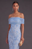 Floral Blue Sheath Off the Shoulder Long Wedding Guest Dress