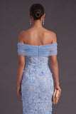 Floral Blue Sheath Off the Shoulder Long Wedding Guest Dress
