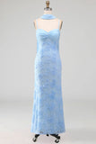 Blue Floral Mermaid Spaghetti Straps Long Wedding Guest Dress with Neck Scarf