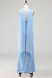 Blue Floral Mermaid Spaghetti Straps Long Wedding Guest Dress with Neck Scarf