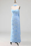 Blue Floral Mermaid Spaghetti Straps Long Wedding Guest Dress with Neck Scarf