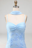 Blue Floral Mermaid Spaghetti Straps Long Wedding Guest Dress with Neck Scarf