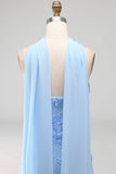 Blue Floral Mermaid Spaghetti Straps Long Wedding Guest Dress with Neck Scarf