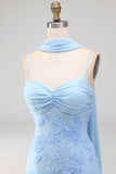 Blue Floral Mermaid Spaghetti Straps Long Wedding Guest Dress with Neck Scarf