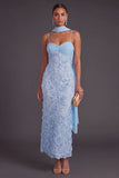 Blue Floral Mermaid Spaghetti Straps Long Wedding Guest Dress with Neck Scarf