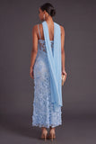 Blue Floral Mermaid Spaghetti Straps Long Wedding Guest Dress with Neck Scarf