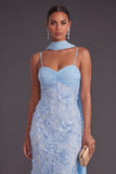 Blue Floral Mermaid Spaghetti Straps Long Wedding Guest Dress with Neck Scarf