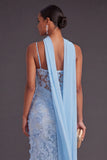 Blue Floral Mermaid Spaghetti Straps Long Wedding Guest Dress with Neck Scarf
