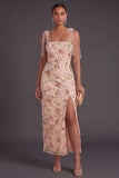 Floral Champagne Thick Straps Sheath Long Wedding Guest Dress with Slit