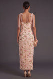 Floral Champagne Thick Straps Sheath Long Wedding Guest Dress with Slit