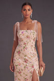 Floral Champagne Thick Straps Sheath Long Wedding Guest Dress with Slit