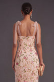 Floral Champagne Thick Straps Sheath Long Wedding Guest Dress with Slit