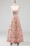 Pink Floral A Line Strapless Long Wedding Guest Dress