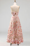 Pink Floral A Line Strapless Long Wedding Guest Dress
