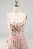 Pink Floral A Line Strapless Long Wedding Guest Dress