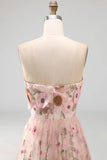 Pink Floral A Line Strapless Long Wedding Guest Dress