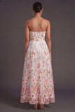 Pink Floral A Line Strapless Long Wedding Guest Dress
