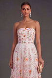 Pink Floral A Line Strapless Long Wedding Guest Dress