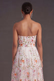 Pink Floral A Line Strapless Long Wedding Guest Dress