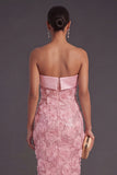 Pink Floral Sheath Glitter Long Wedding Guest Dress with Slit