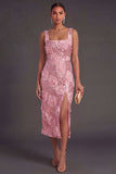 Pink Floral Glitter Sheath Thick Straps Midi Wedding Guest Dress with Slit